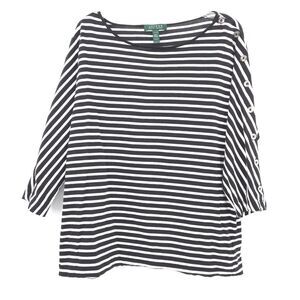 Lauren Ralph Lauren striped stretch knit top Size 1X black/white silver buttons